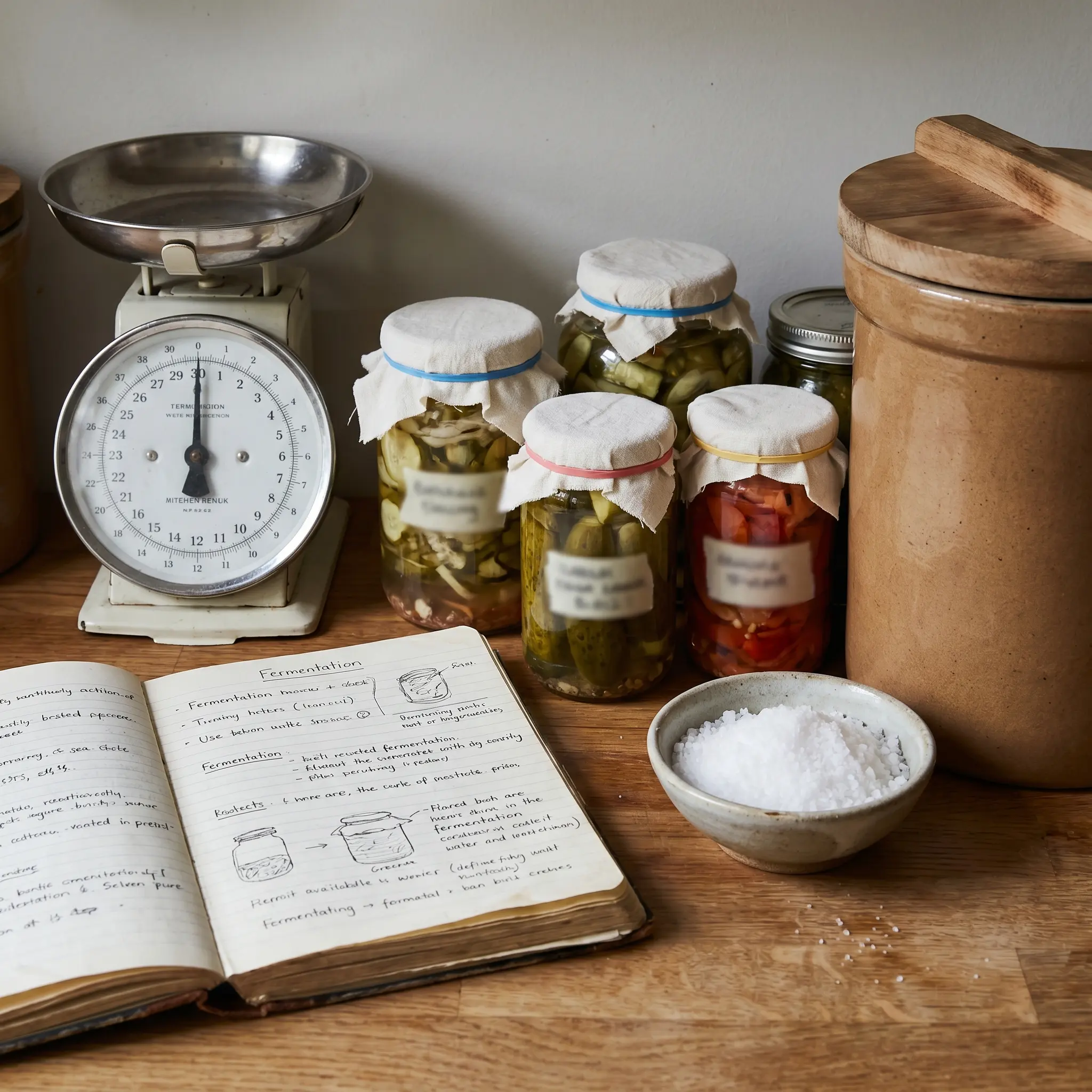 Fermentation notebook beside jars and measuring tools