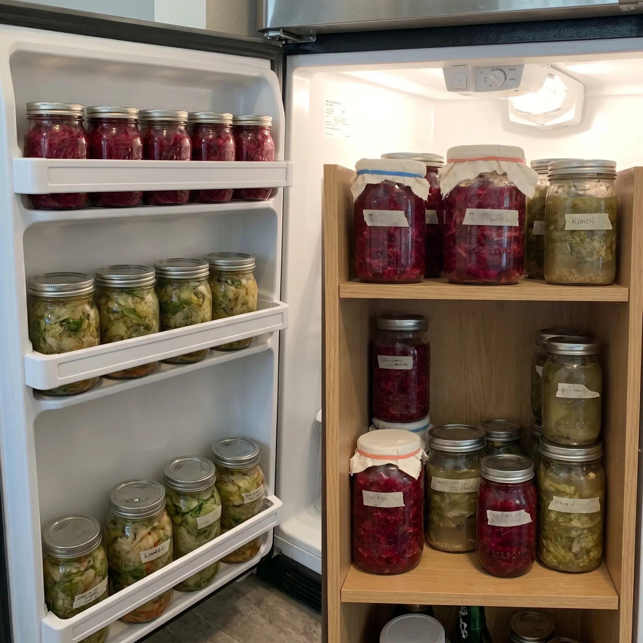 Cold storage shelf with finished fermentation jars