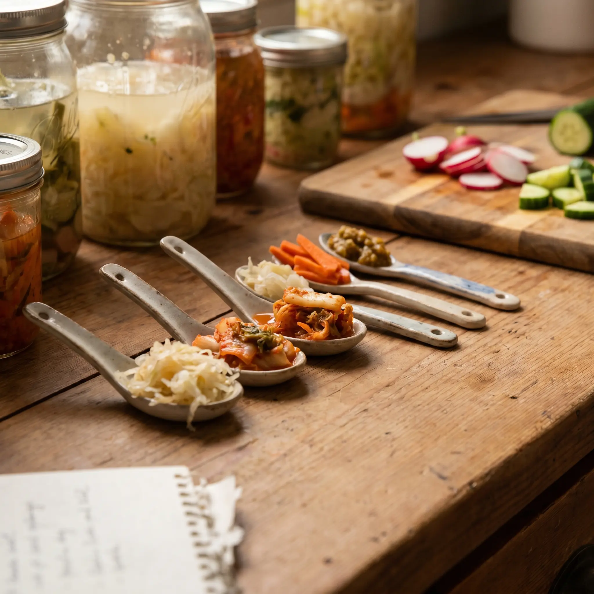 Small tasting spoons and jars used for fermentation checkpoints